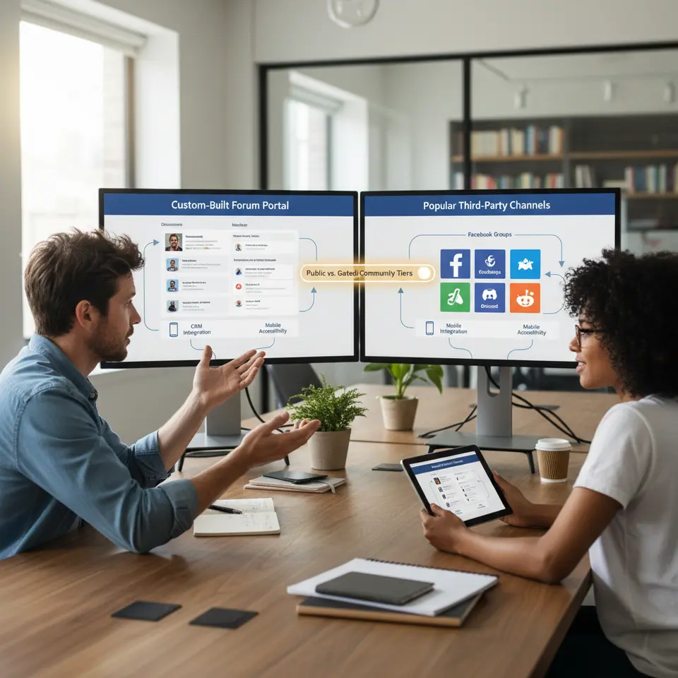 Selecting the Ideal Platform for Engagement: A split-screen illustration showing a custom-built forum portal on one side, and popular third-party channels (Facebook Groups, Slack, Discord, Reddit) on the other, with arrows indicating CRM integration, mobile accessibility icons, and a toggle between public vs. gated/community tiers.