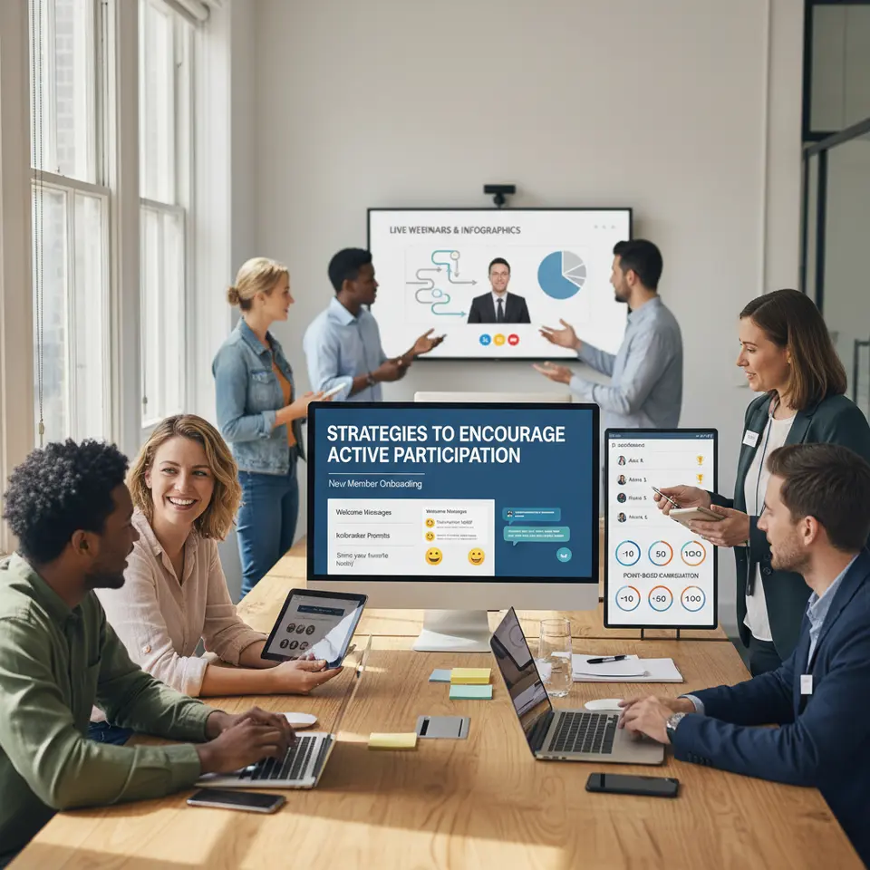 Strategies to Encourage Active Participation: A vibrant scene depicting new-member onboarding (welcome messages, icebreaker prompts), live webinars and infographics in progress, plus peer-to-peer support highlighted by mentor badges, point-based gamification icons and a leaderboard showcasing top contributors.