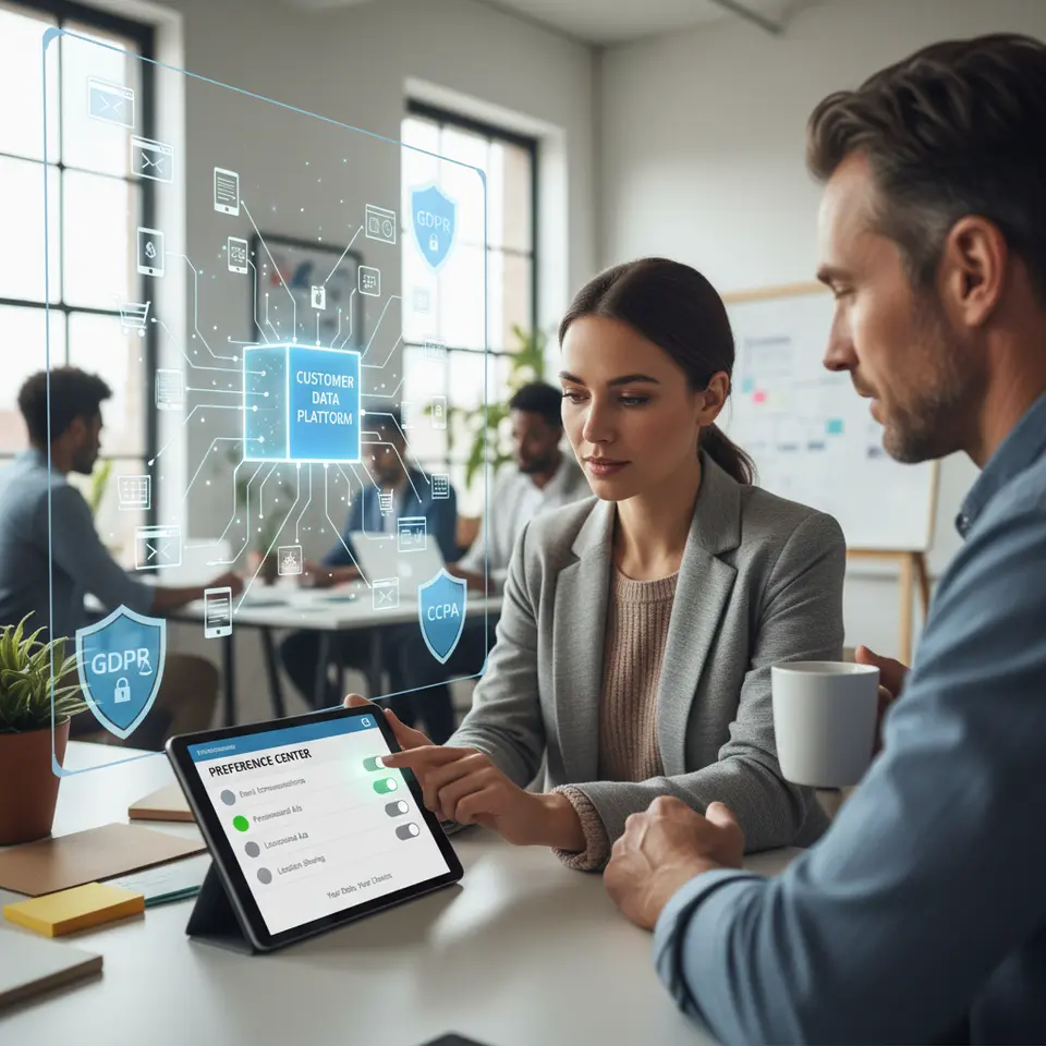A multi-layered data collection and governance pipeline: illustrate diverse sources (website visits, mobile apps, loyalty programs, customer feedback) funneling into a central Customer Data Platform, surrounded by privacy shields and compliance icons (GDPR, CCPA), plus a user-friendly preference center UI with opt-in toggles to emphasize transparent data control.