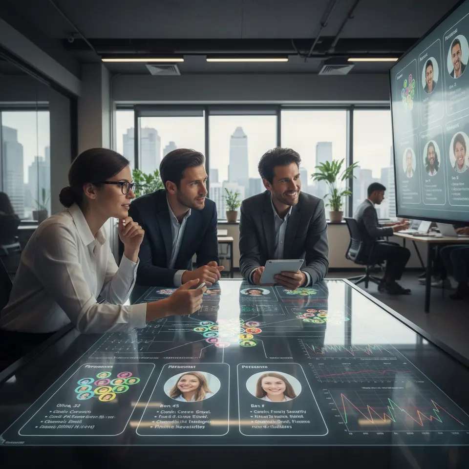 Dynamic customer segmentation and profiling: visualize colorful clusters of user avatars grouped by behavior and RFM metrics (recency, frequency, monetary), overlaid with persona cards showing individual goals and preferred channels, and connected to predictive analytics graphs forecasting churn risk and purchase propensity.