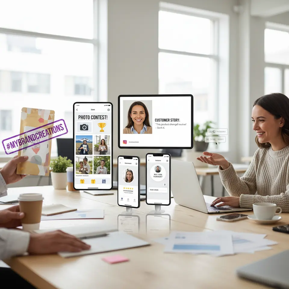 A vibrant, multi-scene illustration showcasing key tactics to inspire user-generated content: a product package prominently stamped with a unique branded hashtag, a lively social media feed announcing a photo contest with excited entries and prize icons, a spotlight feature highlighting a customer’s story with their photo and testimonial, in-app review pop-ups requesting feedback, and a brand manager character liking, commenting, and resharing posts—all combined in one cohesive, energetic layout.