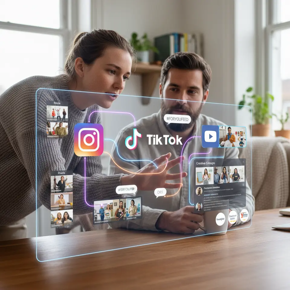 A modern digital dashboard layout highlighting the best platforms for user-generated content campaigns: the Instagram logo alongside stylized Reels and Stories thumbnails, the TikTok icon with challenge-style video previews and trending hashtag bubbles, a YouTube interface showing unboxing and how-to video thumbnails, a Facebook Groups discussion thread with user-posted images and comments, and recognizable review site badges (Trustpilot, Yelp, Google My Business) – all connected by sleek lines and brand colors.