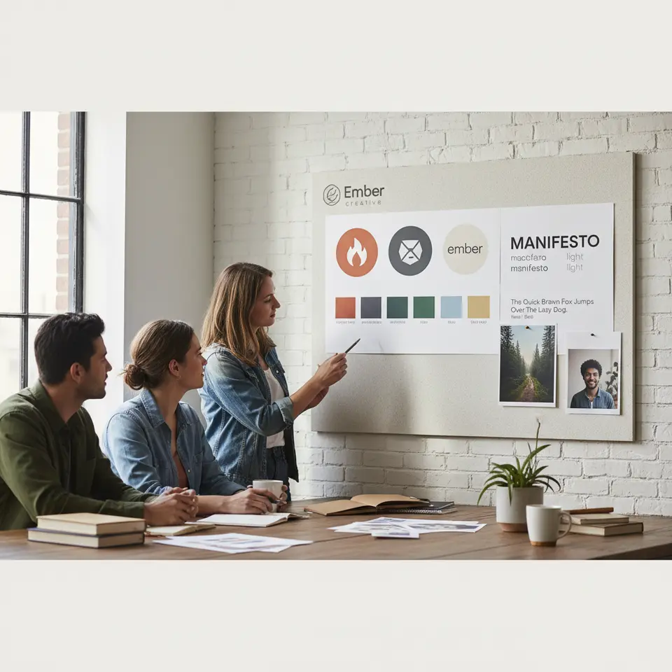 Visual Identity Mood Board: a neatly arranged presentation featuring logo variations, a coordinated color palette with HEX/RGB swatches, typography samples in different weights, and example imagery styles, all laid out on a branded board